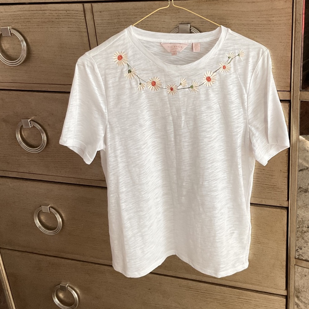 White T-Shirt with Floral Embroidery; size 1